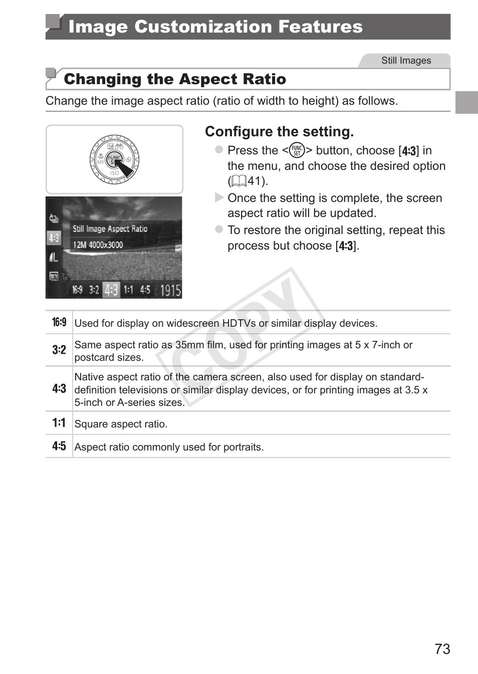 Image customization features, Cop y | Canon PowerShot SX50 HS User Manual | Page 73 / 286