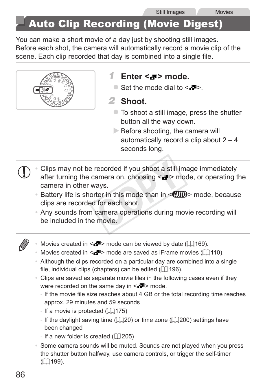 Auto clip recording (movie digest), Auto clip recording, Movie digest) | Cop y | Canon PowerShot SX50 HS User Manual | Page 86 / 286