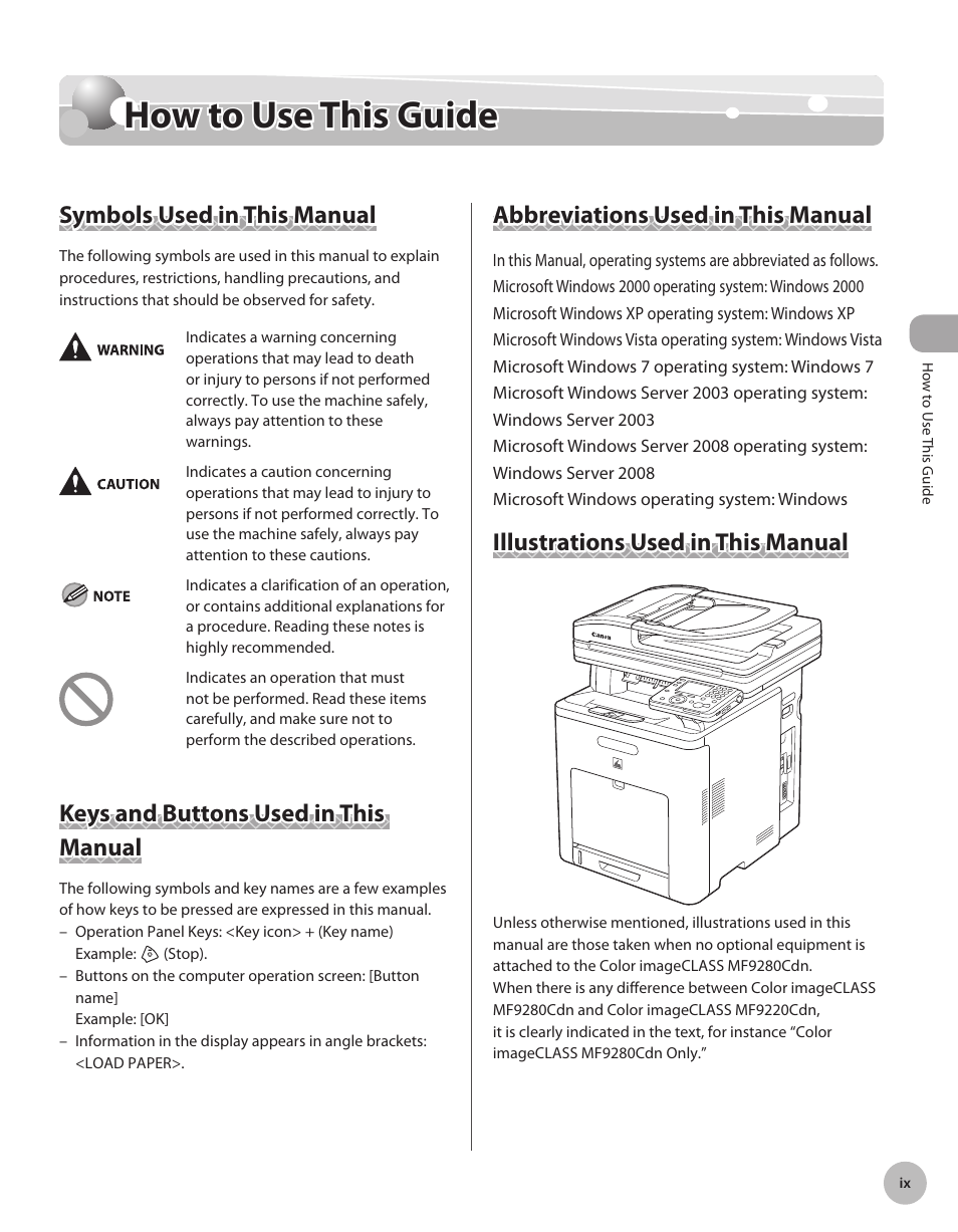 How to use this guide, Symbols used in this manual, Keys and buttons used in this manual | Abbreviations used in this manual, Illustrations used in this manual | Canon Color imageCLASS MF9280Cdn User Manual | Page 10 / 548