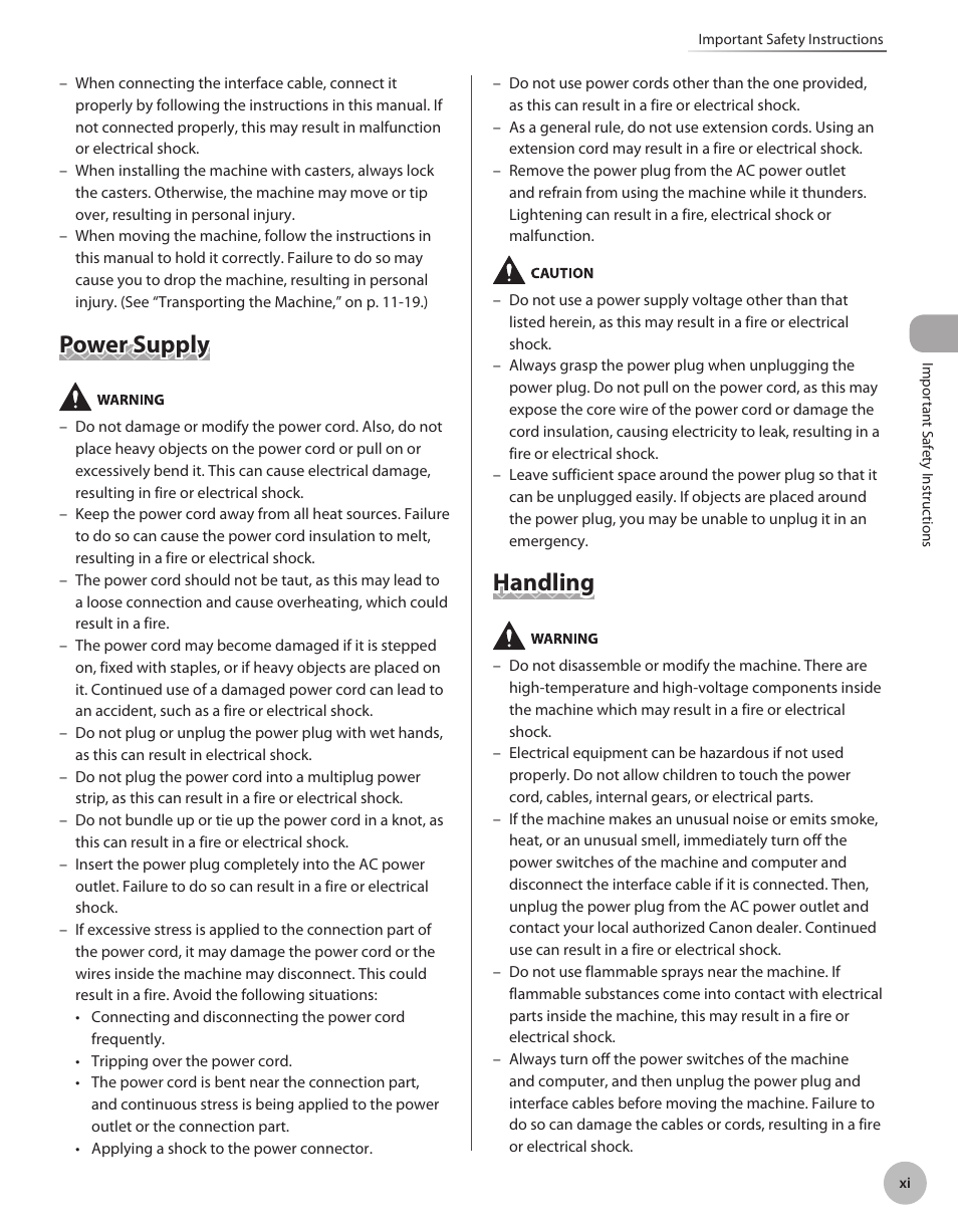 Power supply, Handling | Canon Color imageCLASS MF9280Cdn User Manual | Page 12 / 548