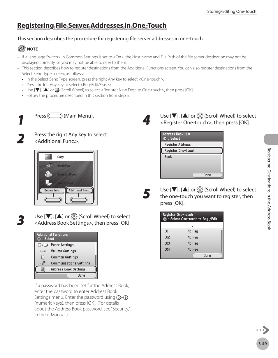 Registering file server addresses in one-touch, Registering file server addresses in one-touch -49 | Canon Color imageCLASS MF9280Cdn User Manual | Page 132 / 548