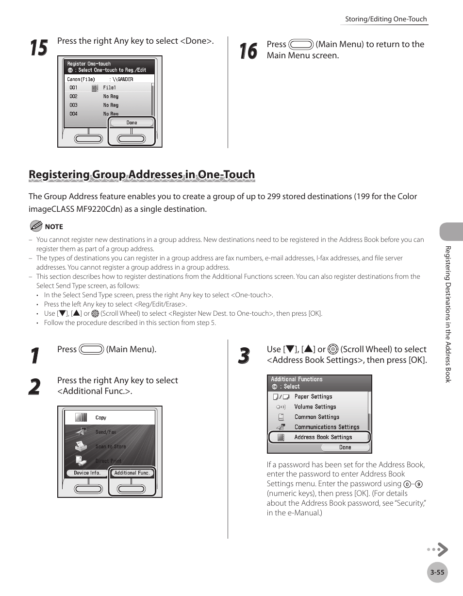 Registering group addresses in one-touch, Registering group addresses in one-touch -55 | Canon Color imageCLASS MF9280Cdn User Manual | Page 138 / 548