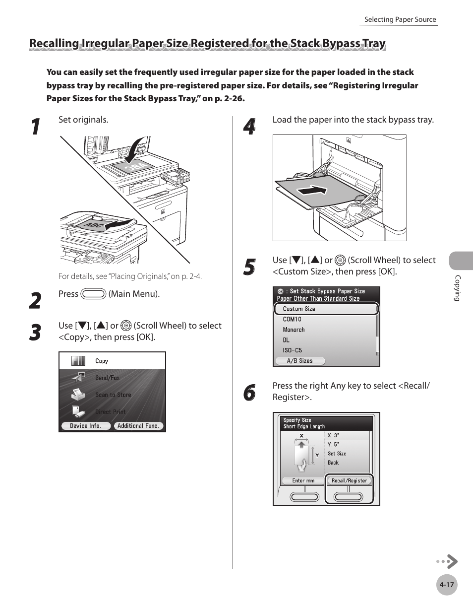 Recalling irregular paper size registered, For the stack bypass tray -17 | Canon Color imageCLASS MF9280Cdn User Manual | Page 164 / 548