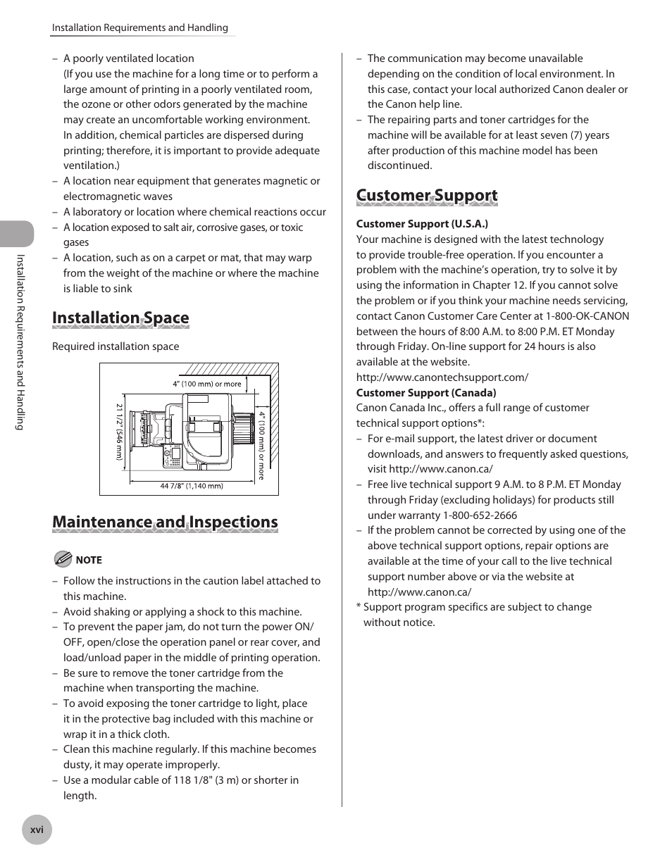 Installation space, Maintenance and inspections, Customer support | Canon Color imageCLASS MF9280Cdn User Manual | Page 17 / 548
