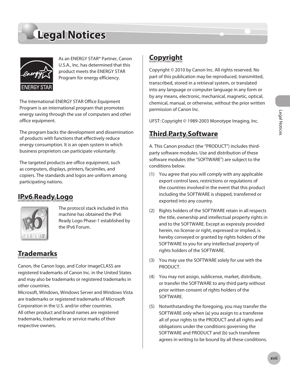 Legal notices, Ipv6 ready logo, Trademarks | Copyright, Third party software | Canon Color imageCLASS MF9280Cdn User Manual | Page 18 / 548