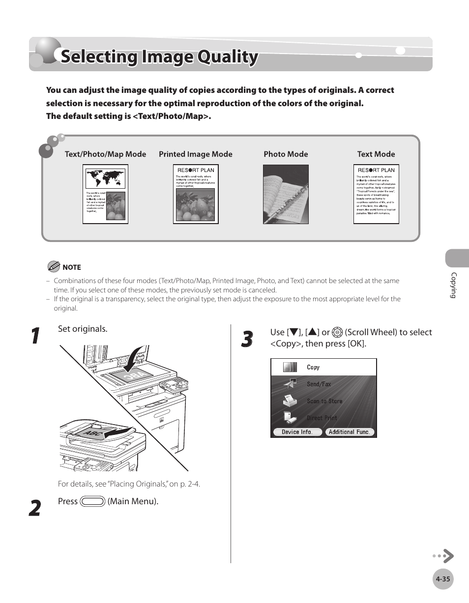 Selecting image quality, Selectng image qualty -35, Selecting image quality -35 | Ee “selecting, Image quality,” on p. 4-35.) | Canon Color imageCLASS MF9280Cdn User Manual | Page 182 / 548