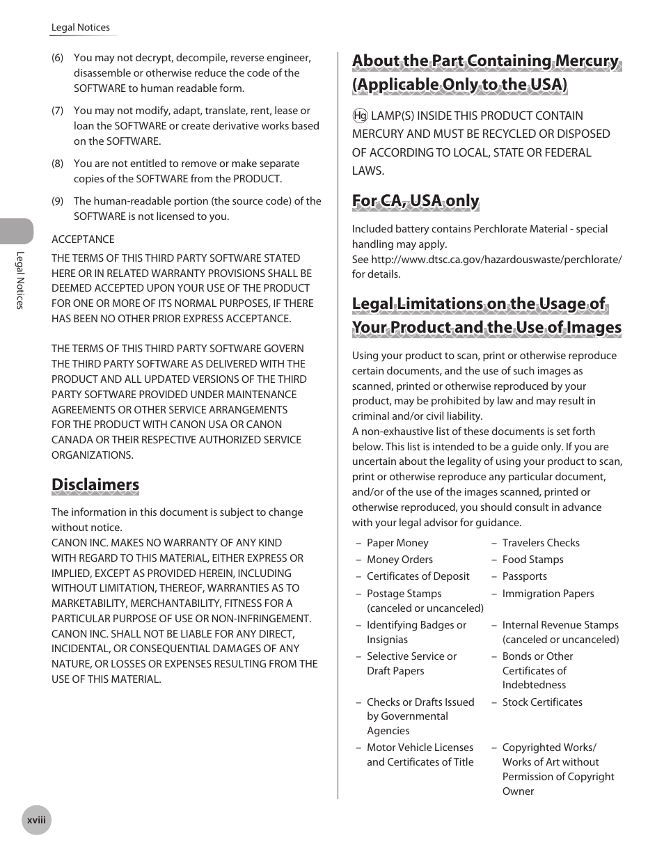 Disclaimers, For ca, usa only | Canon Color imageCLASS MF9280Cdn User Manual | Page 19 / 548
