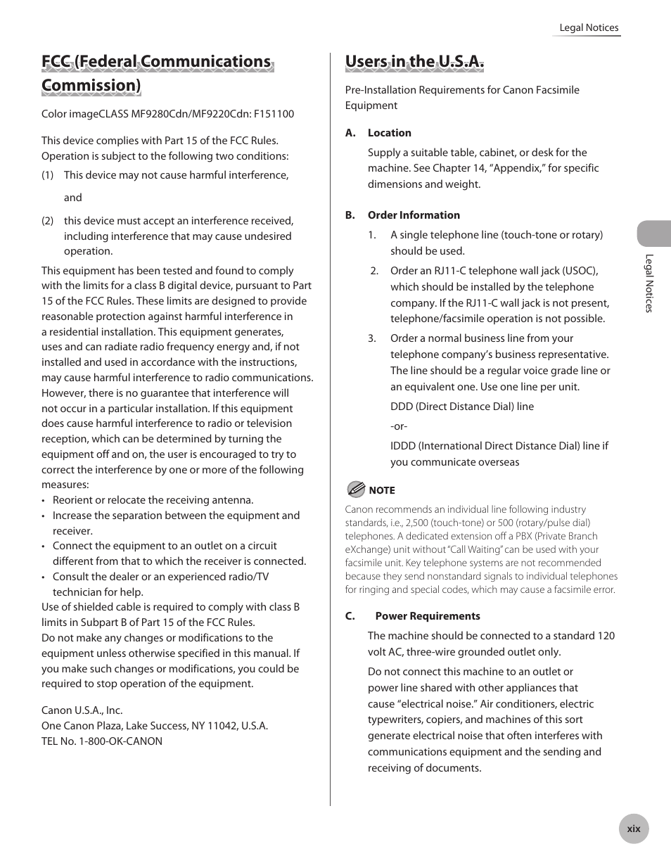 Fcc (federal communications commission), Users in the u.s.a | Canon Color imageCLASS MF9280Cdn User Manual | Page 20 / 548