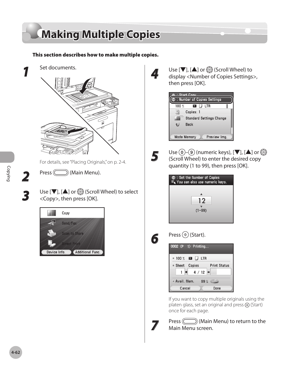 Making multiple copies, Makng multple copes -62, Making multiple copies -62 | Ee “making multiple copies,” on, P. 4-62.) | Canon Color imageCLASS MF9280Cdn User Manual | Page 209 / 548