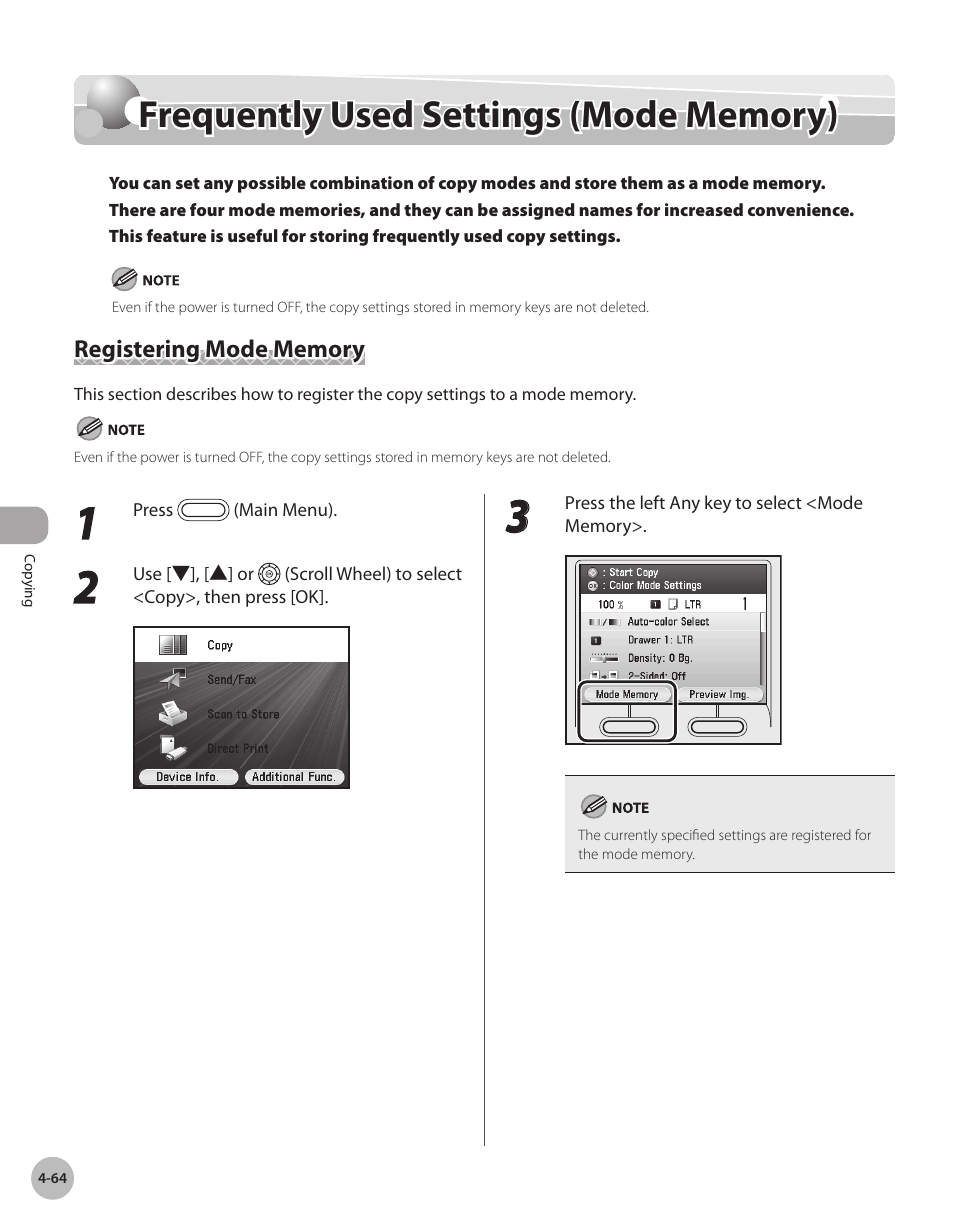 Frequently used settings (mode memory), Registering mode memory, Frequently used settngs | Mode memory) -64, Registering mode memory -64, Frequently used settings (mode memory) -64 | Canon Color imageCLASS MF9280Cdn User Manual | Page 211 / 548