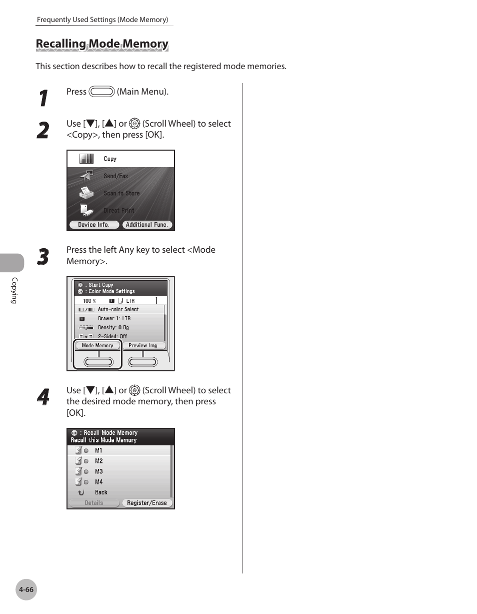 Recalling mode memory, Recalling mode memory -66 | Canon Color imageCLASS MF9280Cdn User Manual | Page 213 / 548