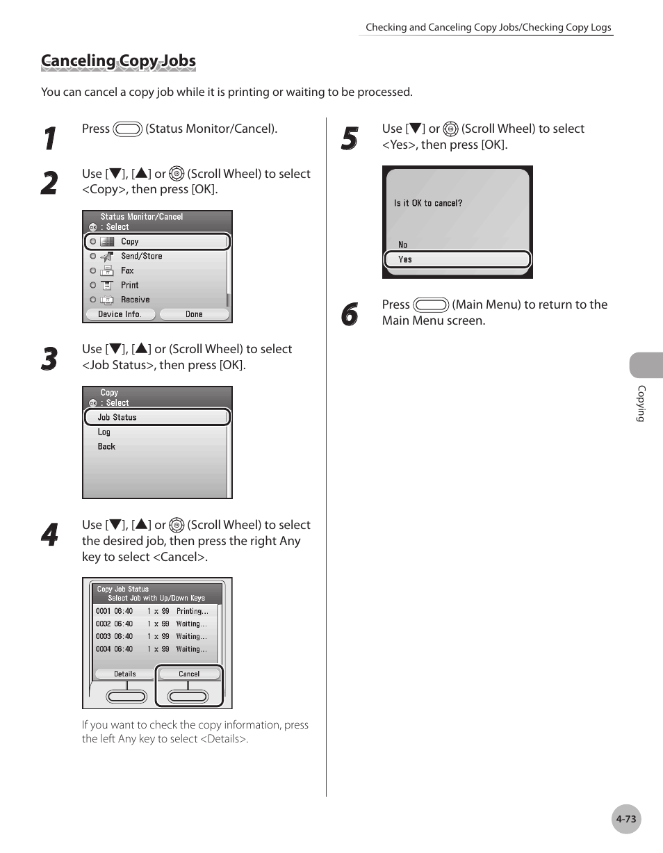 Canceling copy jobs, Canceling copy jobs -73 | Canon Color imageCLASS MF9280Cdn User Manual | Page 220 / 548