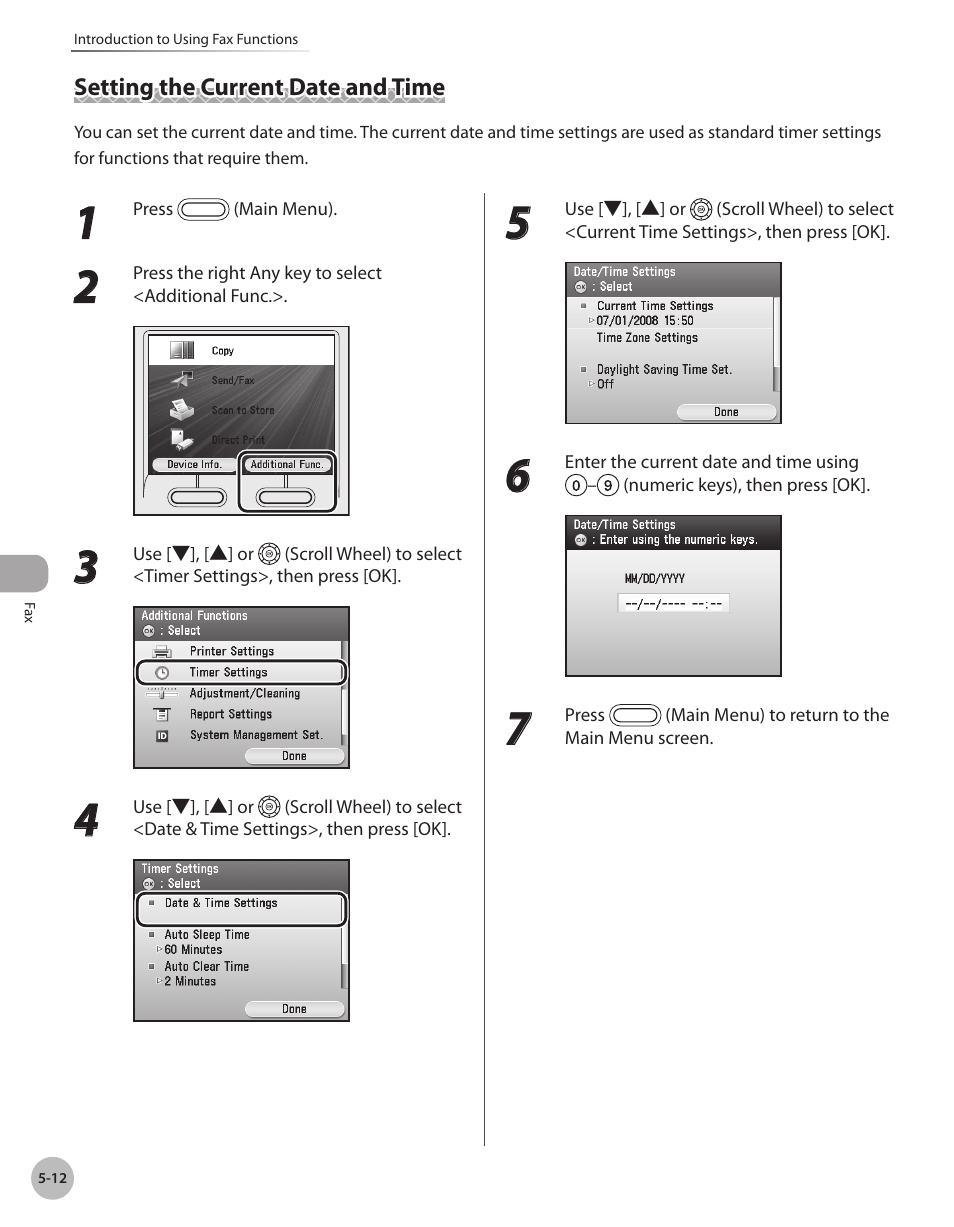 Setting the current date and time, Setting the current date and time -12, Setting the current date and time,” on p. 5-12.) | Canon Color imageCLASS MF9280Cdn User Manual | Page 233 / 548
