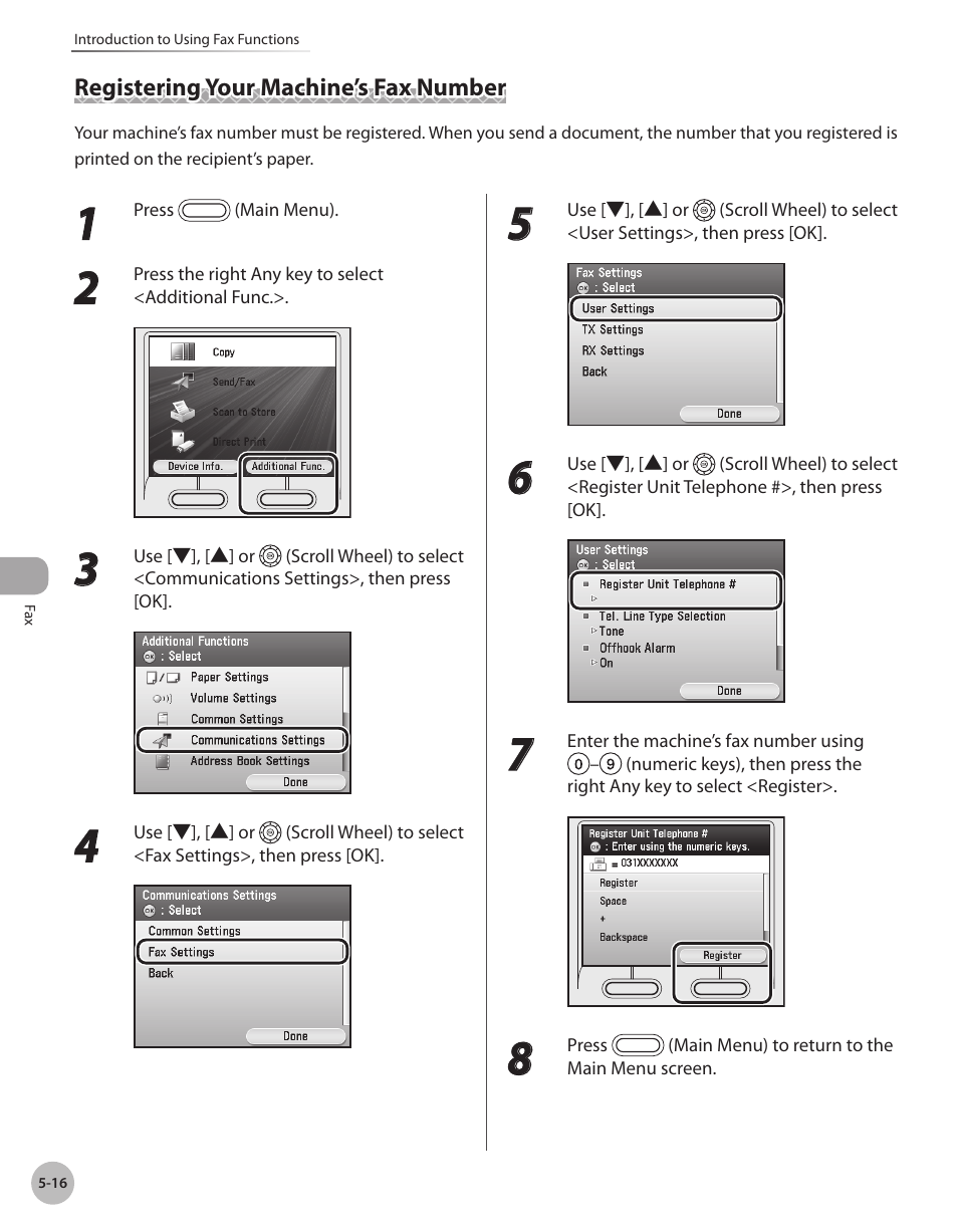Registering your machine’s fax number, Registering your machine’s fax number -16, Registering your machine’s fax number,” on p. 5-16 | Canon Color imageCLASS MF9280Cdn User Manual | Page 237 / 548