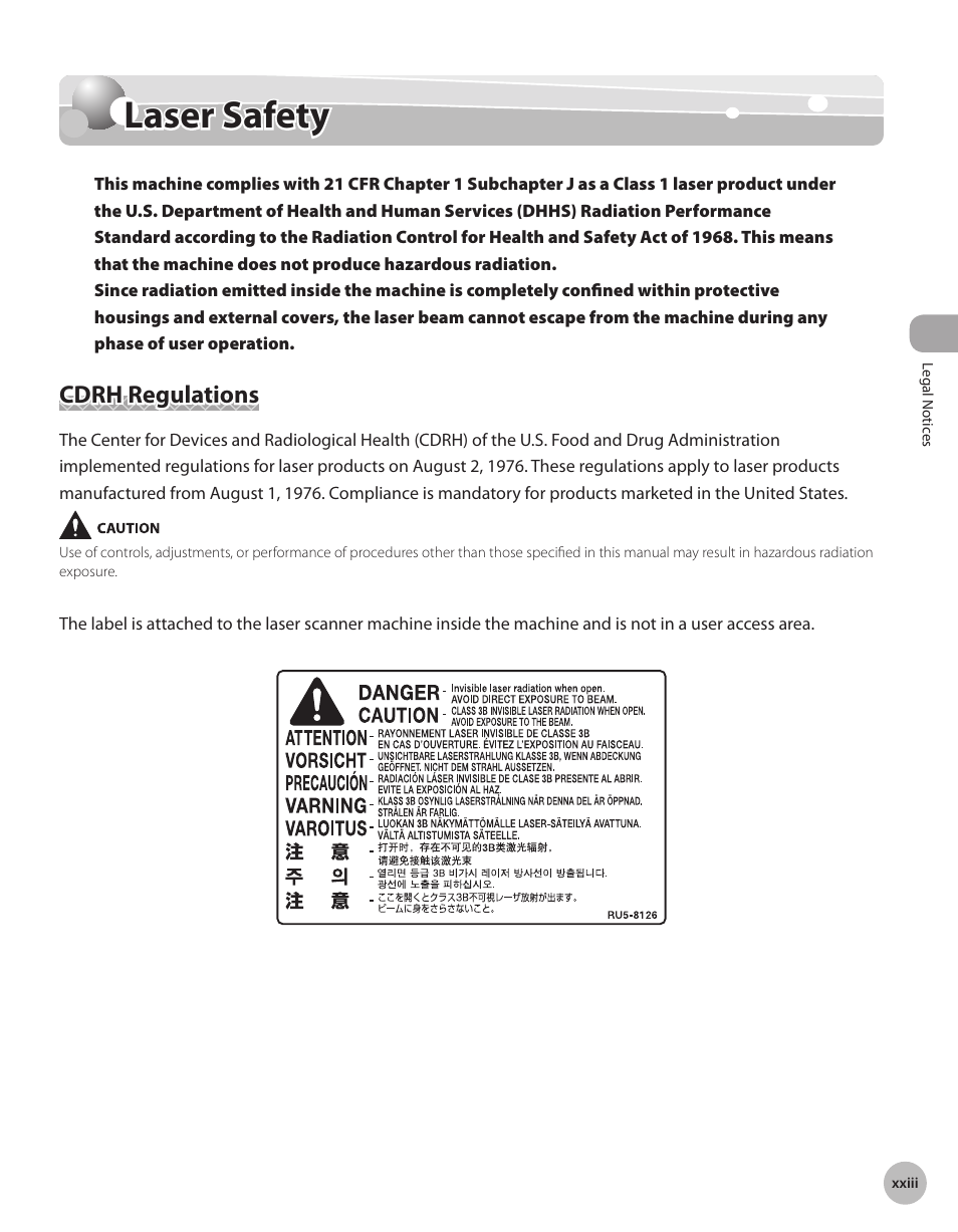 Laser safety, Cdrh regulations | Canon Color imageCLASS MF9280Cdn User Manual | Page 24 / 548