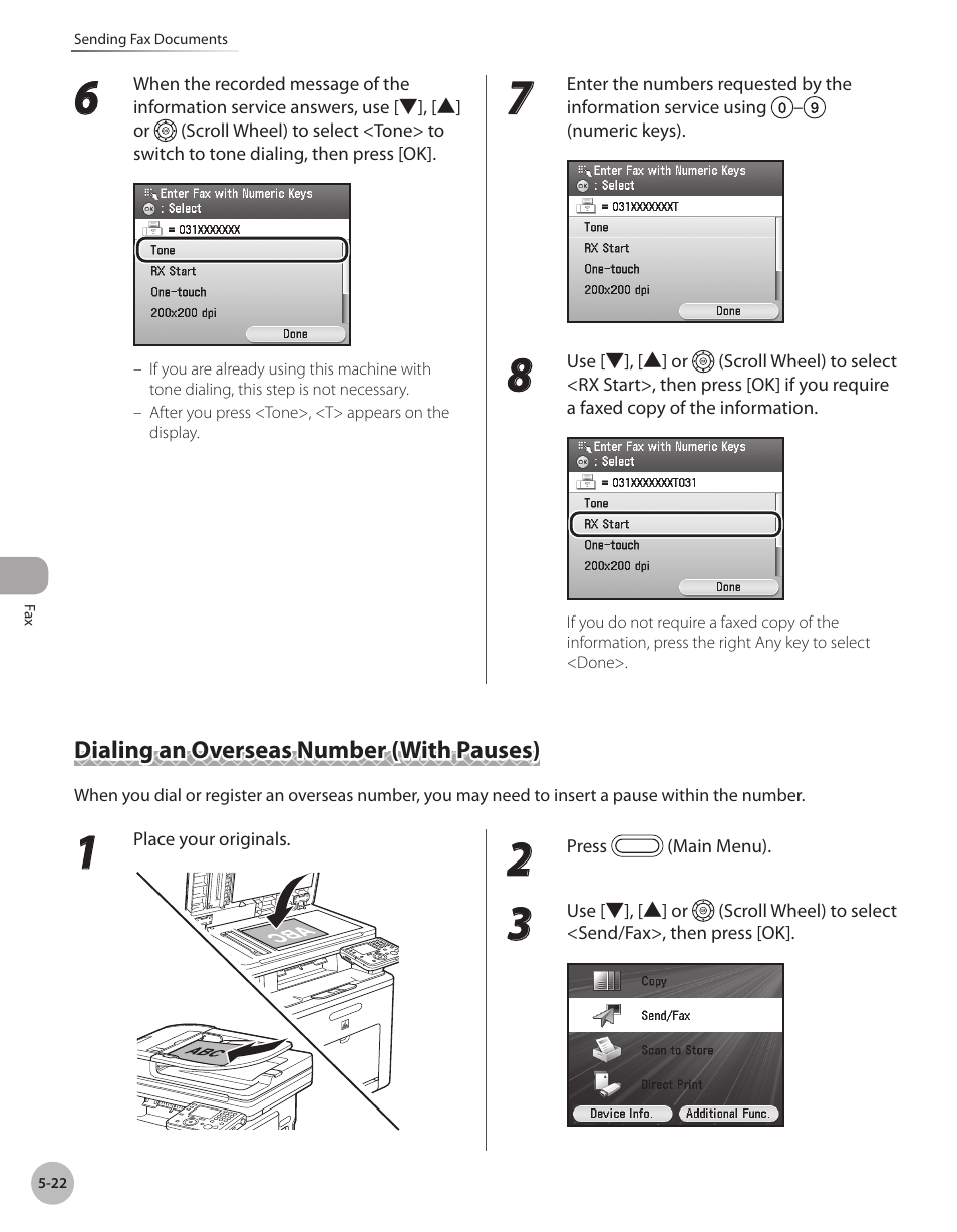 Dialing an overseas number (with pauses), Dialing an overseas number (with pauses) -22 | Canon Color imageCLASS MF9280Cdn User Manual | Page 243 / 548
