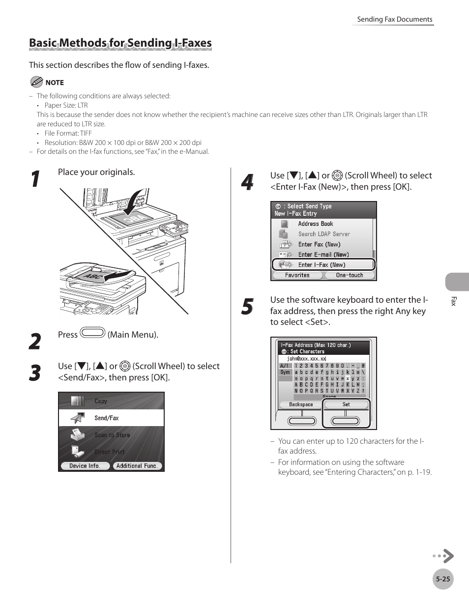 Basic methods for sending i-faxes, Basic methods for sending i-faxes -25, Basic methods for sending i-faxes,” on p. 5-25 | Canon Color imageCLASS MF9280Cdn User Manual | Page 246 / 548