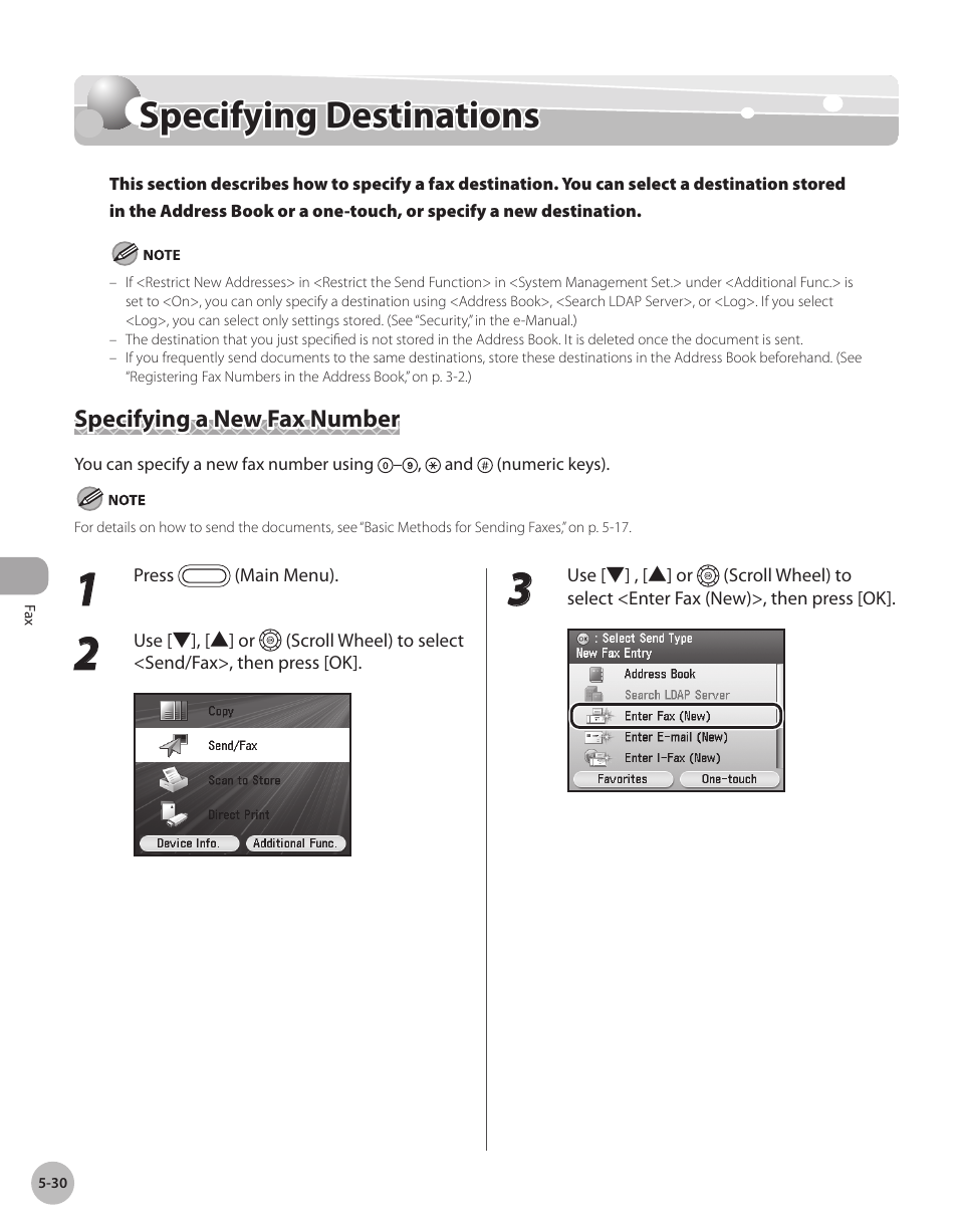 Specifying destinations, Specifying a new fax number, Specfyng destnatons -30 | Specifying a new fax number -30, Specifying destinations -30, P. 5-30) | Canon Color imageCLASS MF9280Cdn User Manual | Page 251 / 548