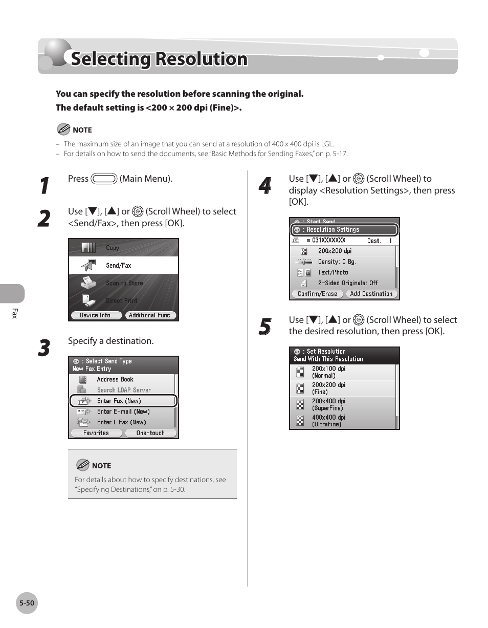 Selecting resolution, Selectng resoluton -50, Selecting resolution -50 | Ee “selecting resolution,” on, P. 5-50.) | Canon Color imageCLASS MF9280Cdn User Manual | Page 271 / 548