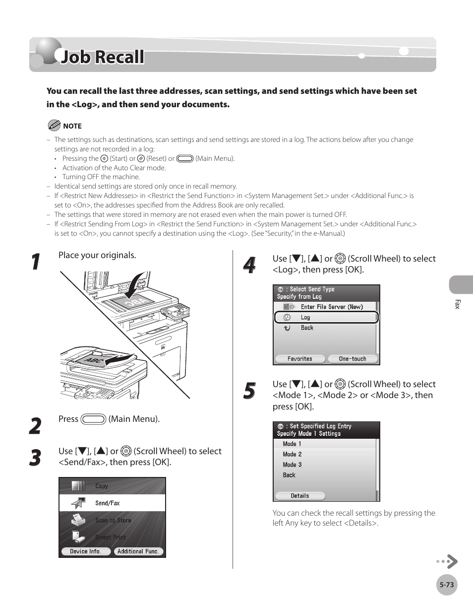 Job recall, Job recall -73, Ee “job recall,” on p. 5-73 | Canon Color imageCLASS MF9280Cdn User Manual | Page 294 / 548
