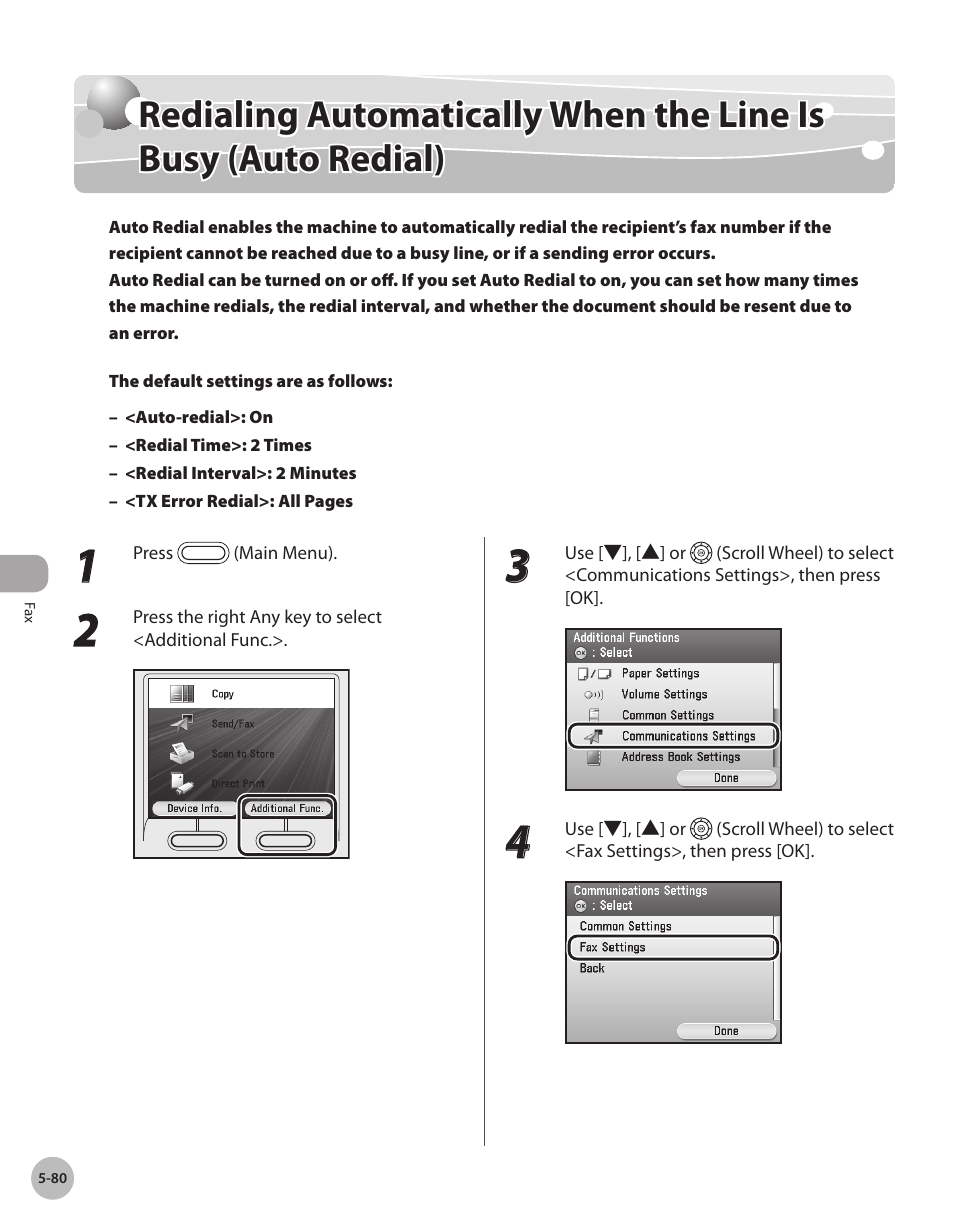 Redalng automatcally when the lne, Is busy (auto redal) -80 | Canon Color imageCLASS MF9280Cdn User Manual | Page 301 / 548
