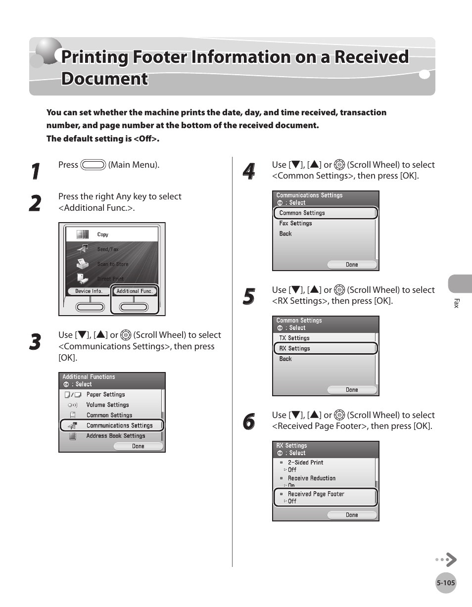 Printing footer information on a received document, Prntng footer informaton on a, Receved document -105 | Canon Color imageCLASS MF9280Cdn User Manual | Page 326 / 548