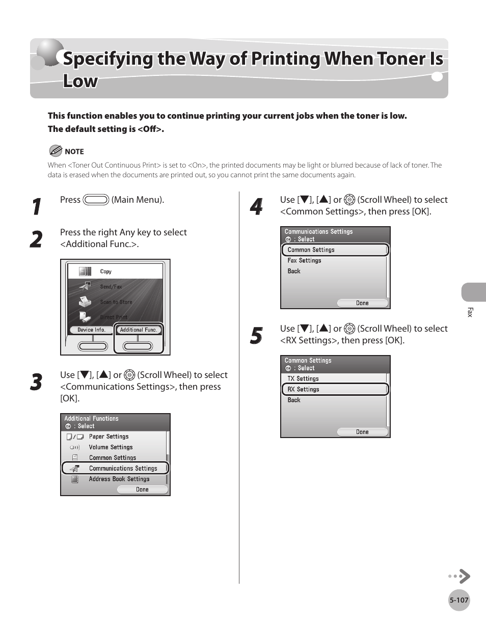 Specifying the way of printing when toner is low, Specfyng the way of prntng when, Toner is low -107 | Canon Color imageCLASS MF9280Cdn User Manual | Page 328 / 548