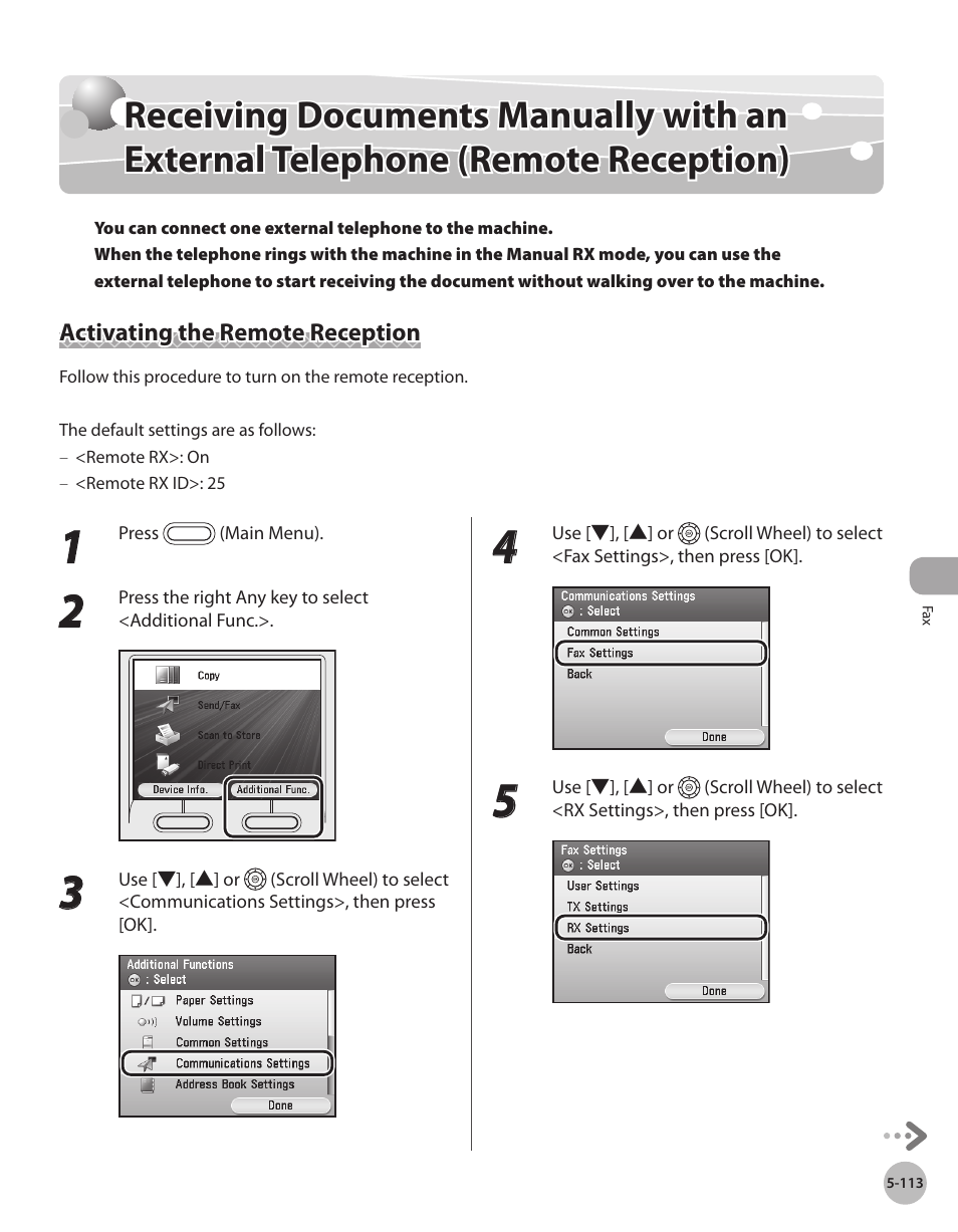 Activating the remote reception, Activating the remote reception -113, P. 5-113) | Canon Color imageCLASS MF9280Cdn User Manual | Page 334 / 548