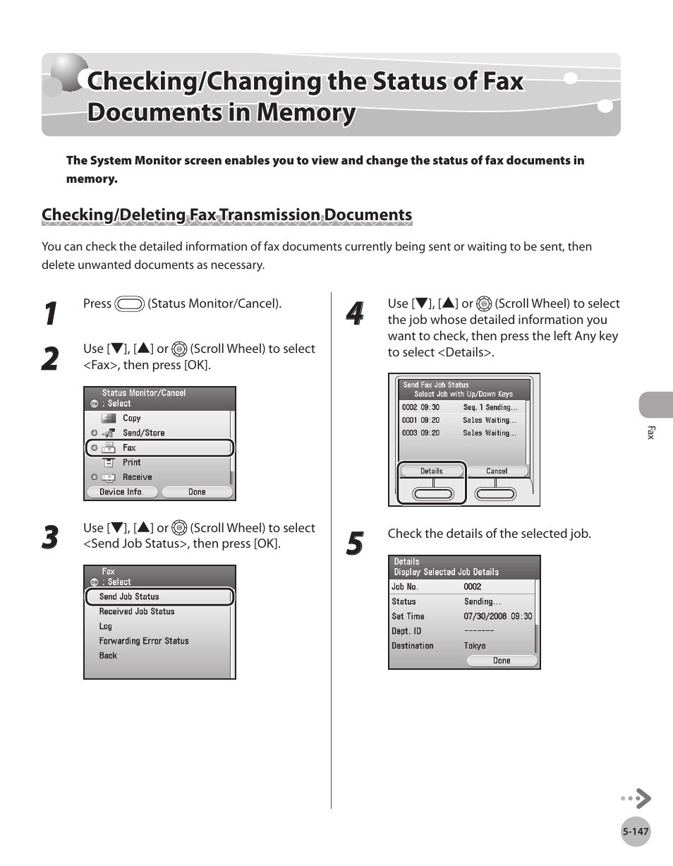 Checking/deleting fax transmission documents, Checking/deleting fax transmission documents -147, Checking/changing the status of fax documents in | Memory -147 | Canon Color imageCLASS MF9280Cdn User Manual | Page 368 / 548