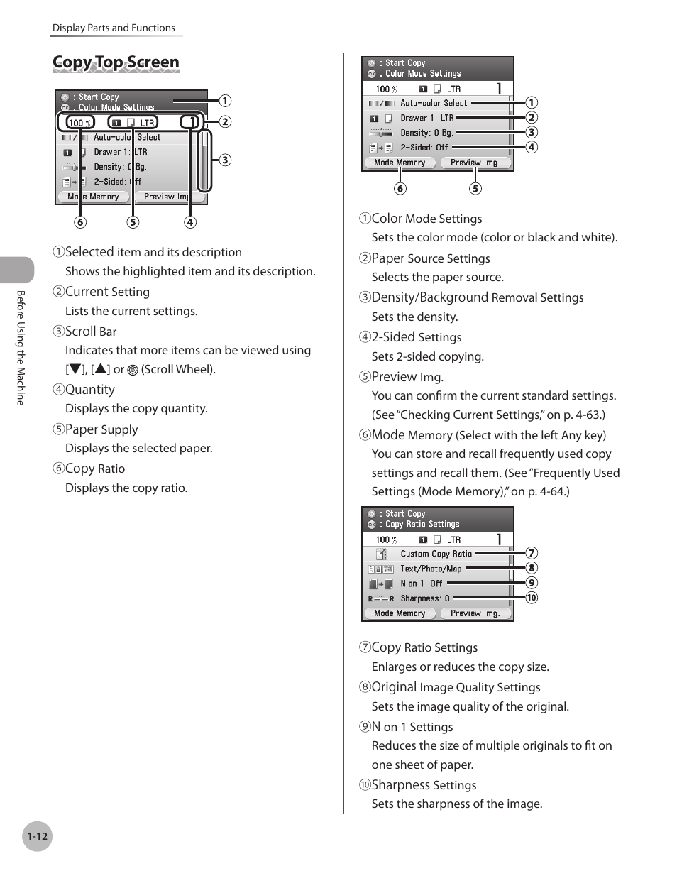 Copy top screen, Copy top screen -12, Ee ”copy top screen,” on p. 1-12 | Canon Color imageCLASS MF9280Cdn User Manual | Page 37 / 548