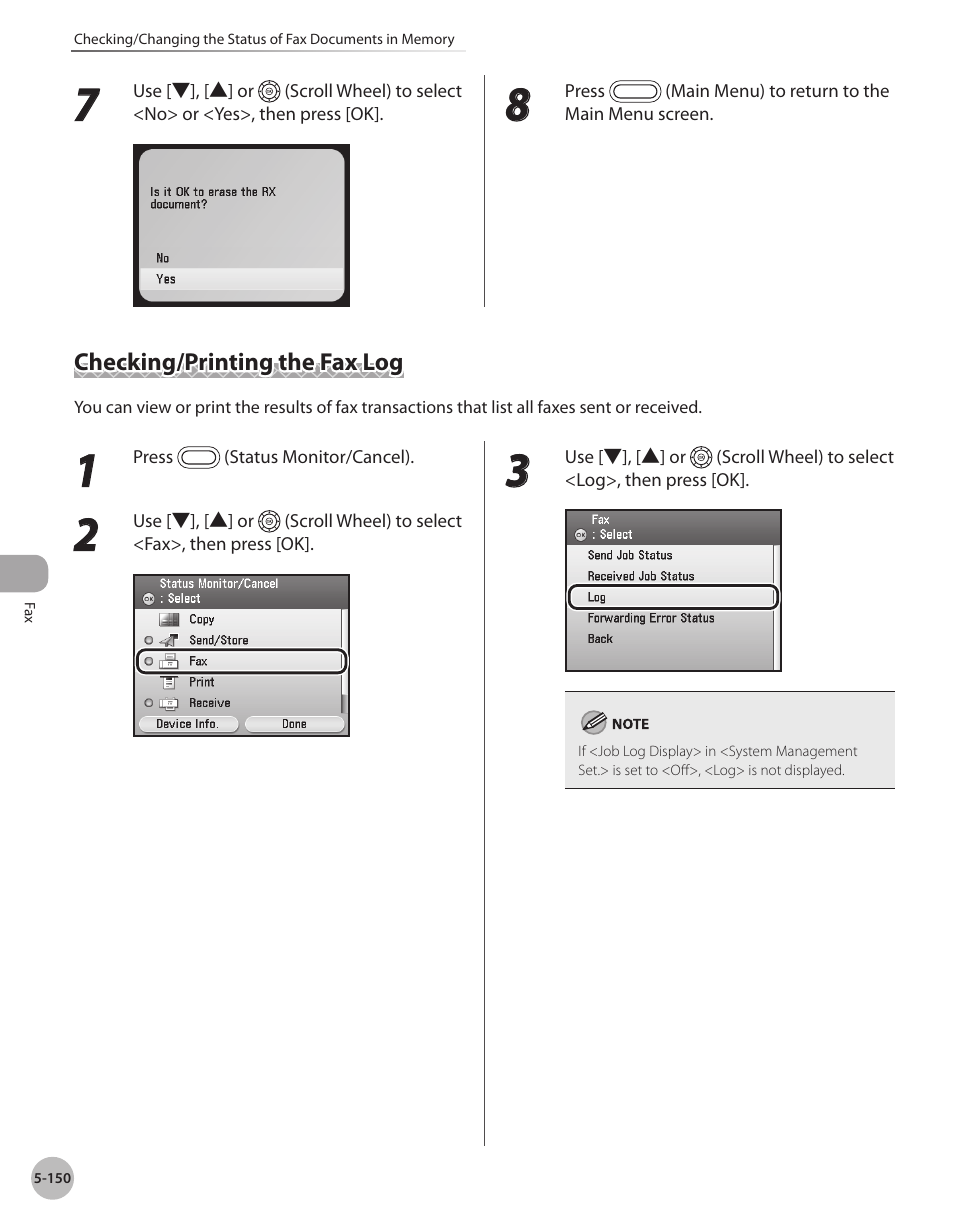 Checking/printing the fax log, Checking/printing the fax log -150 | Canon Color imageCLASS MF9280Cdn User Manual | Page 371 / 548