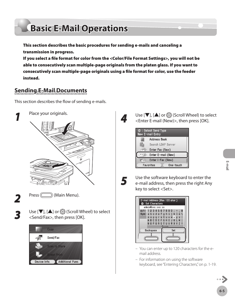 Basic e-mail operations, Sending e-mail documents, Basc e-mal operatons -5 | Sending e-mail documents -5, Sending e-mail documents,” on p. 6-5, Basic e-mail operations -5 | Canon Color imageCLASS MF9280Cdn User Manual | Page 378 / 548