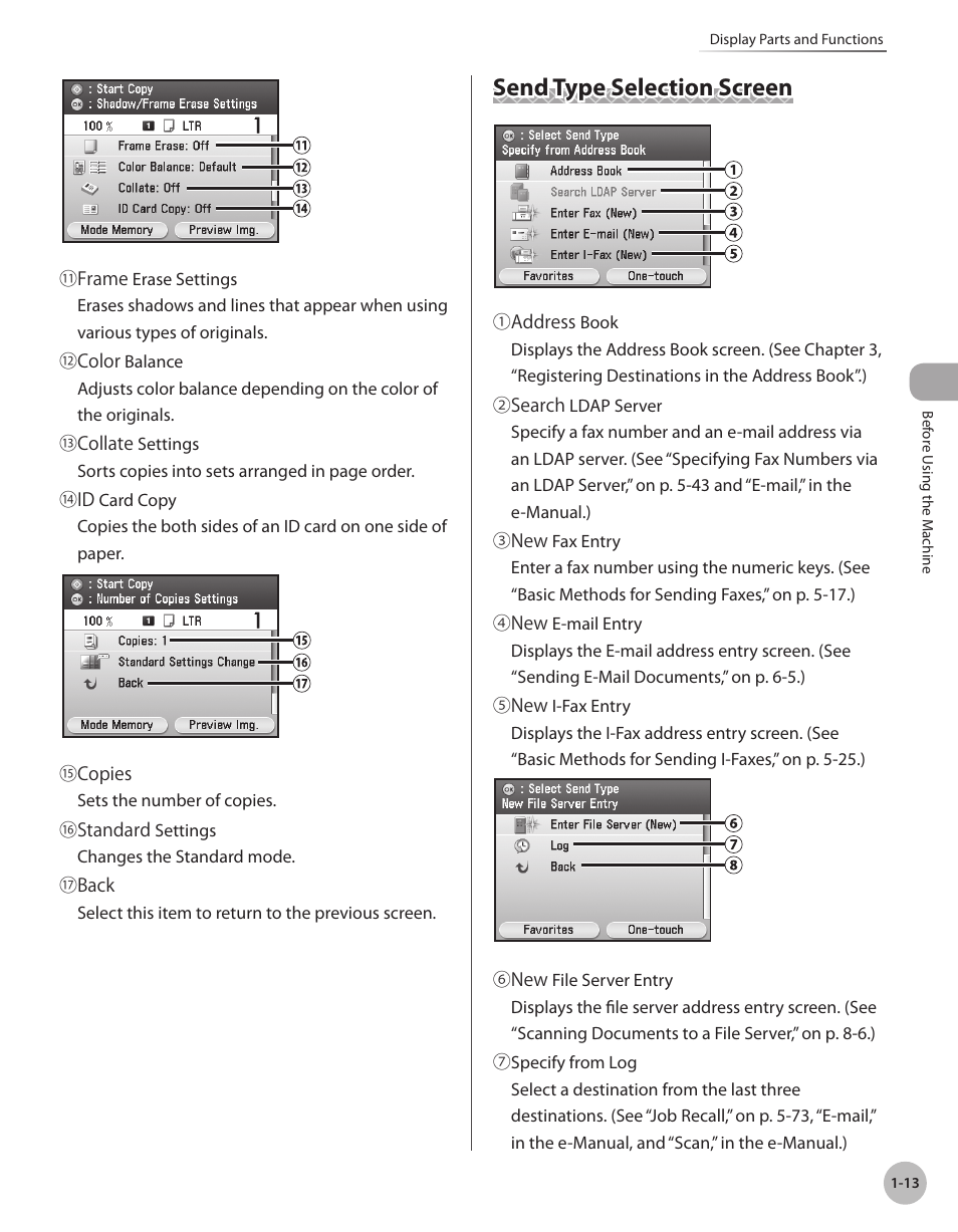 Send type selection screen, Send type selection screen -13, Send type selection screen,” on p. 1-13.) | Canon Color imageCLASS MF9280Cdn User Manual | Page 38 / 548