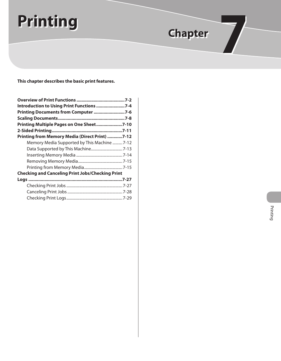 7 printing, Printing, Printing (see on p. 7-1) | 7 printing -1 | Canon Color imageCLASS MF9280Cdn User Manual | Page 382 / 548