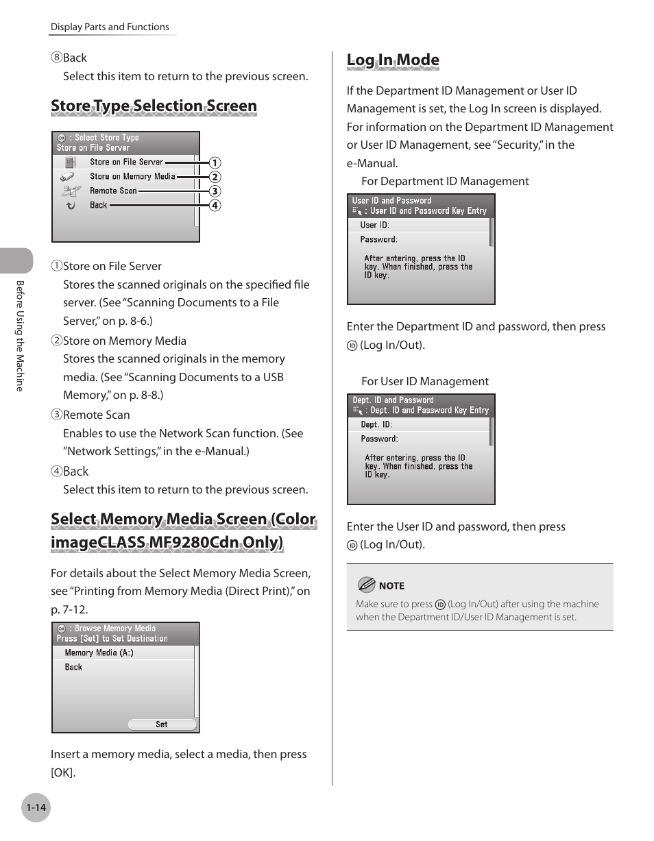 Store type selection screen, Log in mode, Store type selection screen,” on p. 1-14.) | Canon Color imageCLASS MF9280Cdn User Manual | Page 39 / 548