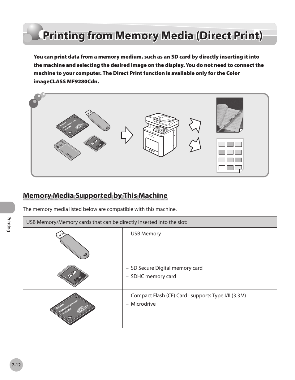 Printing from memory media (direct print), Memory media supported by this machine, Prntng from memory meda | Drect prnt) -12, Memory media supported by this, Machine -12, Printing from memory media (direct print) -12, Memory media supported by this machine -12 | Canon Color imageCLASS MF9280Cdn User Manual | Page 393 / 548