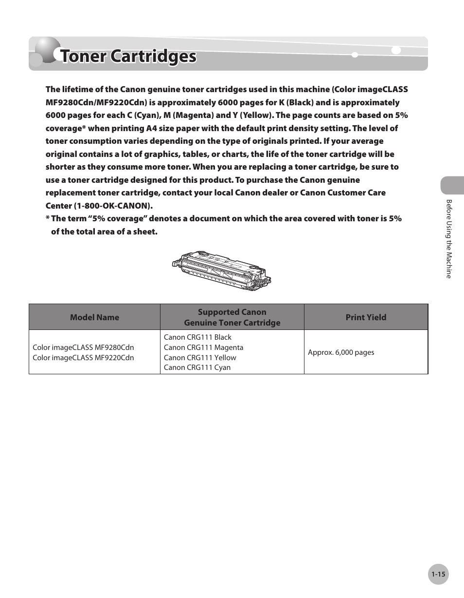 Toner cartridges, Toner cartrdges -15, Toner cartridges -15 | Canon Color imageCLASS MF9280Cdn User Manual | Page 40 / 548