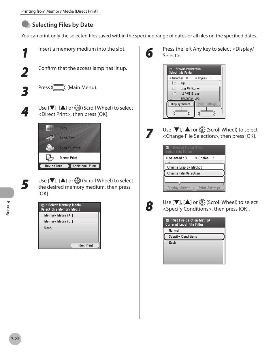 See “selecting files by date, On p. 7-22. i | Canon Color imageCLASS MF9280Cdn User Manual | Page 403 / 548