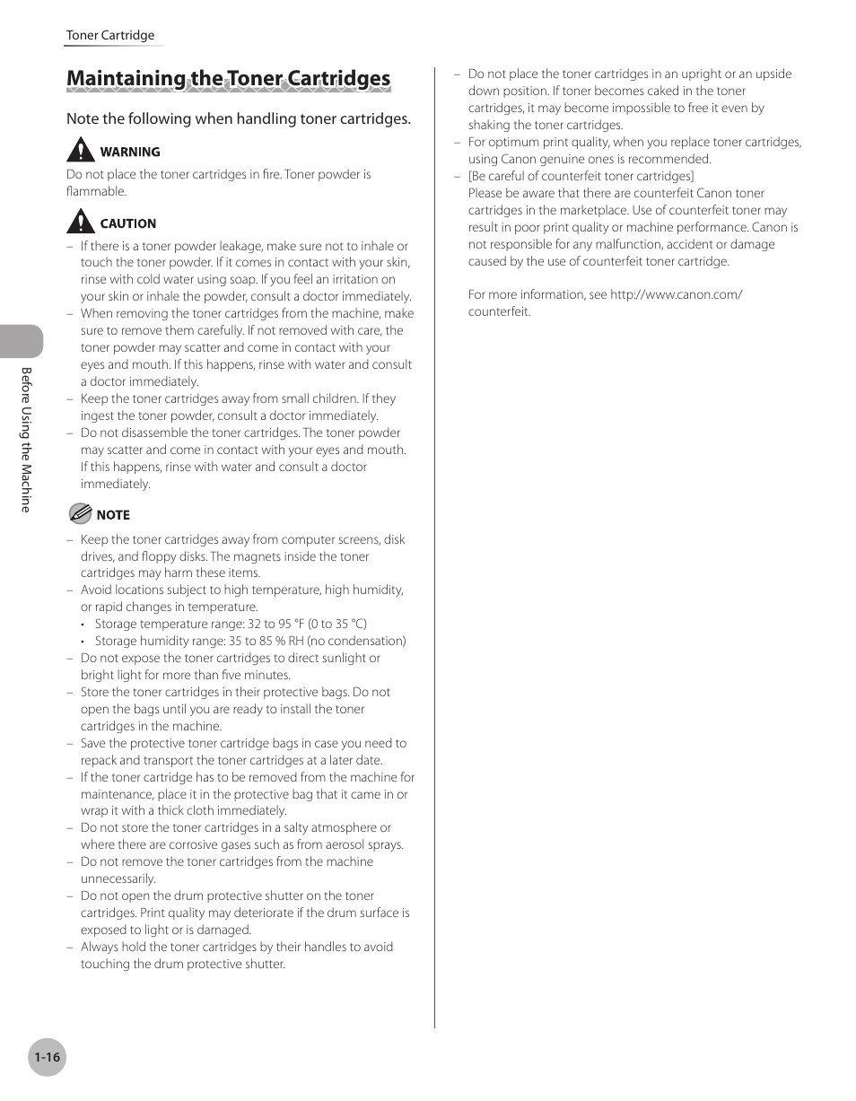 Maintaining the toner cartridges, Maintaining the toner cartridges -16 | Canon Color imageCLASS MF9280Cdn User Manual | Page 41 / 548