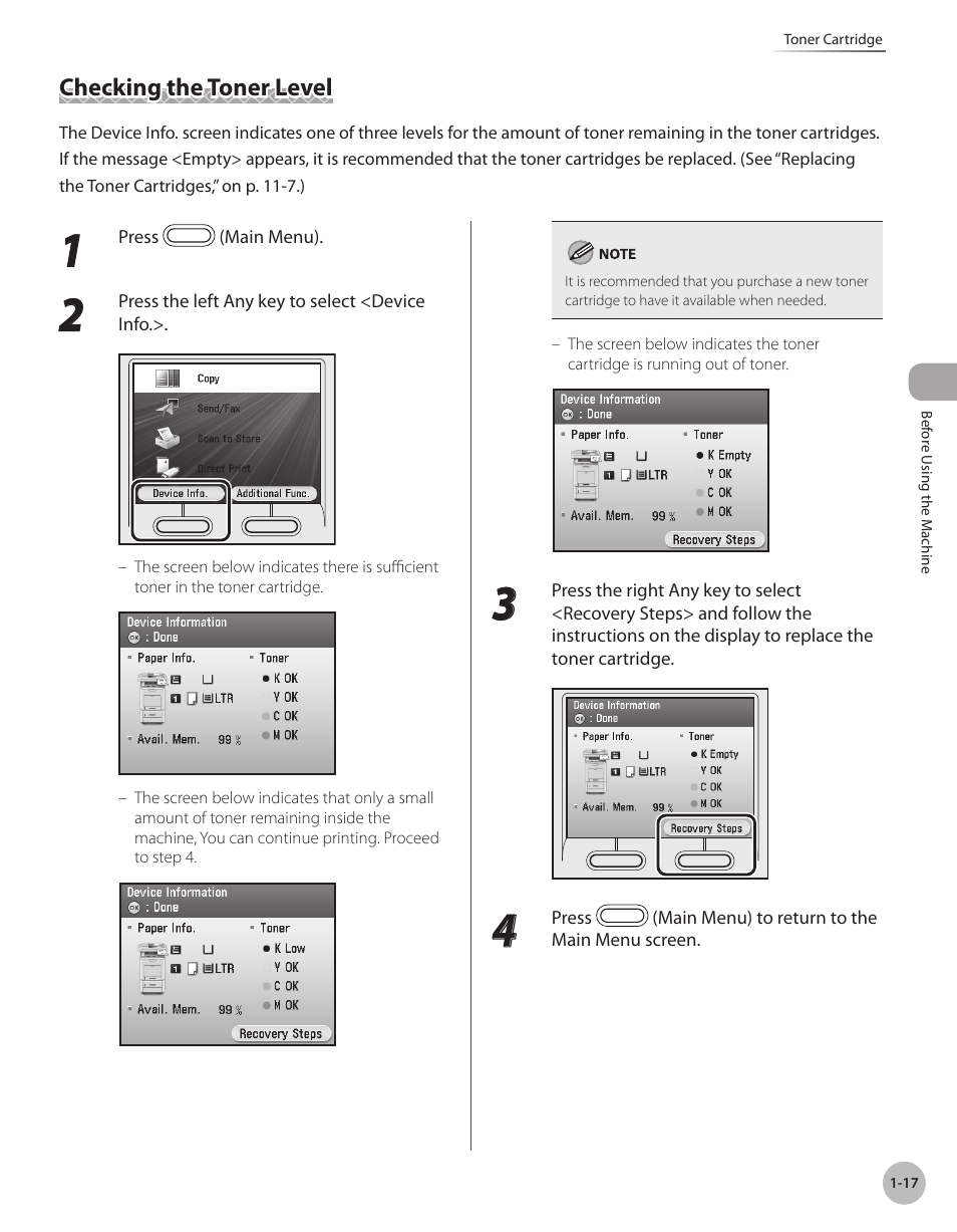 Checking the toner level, Checking the toner level -17 | Canon Color imageCLASS MF9280Cdn User Manual | Page 42 / 548