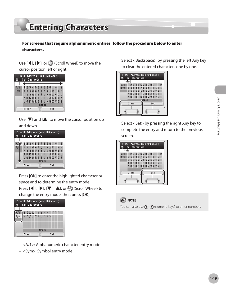 Entering characters, Enterng characters -19, Entering characters -19 | Canon Color imageCLASS MF9280Cdn User Manual | Page 44 / 548