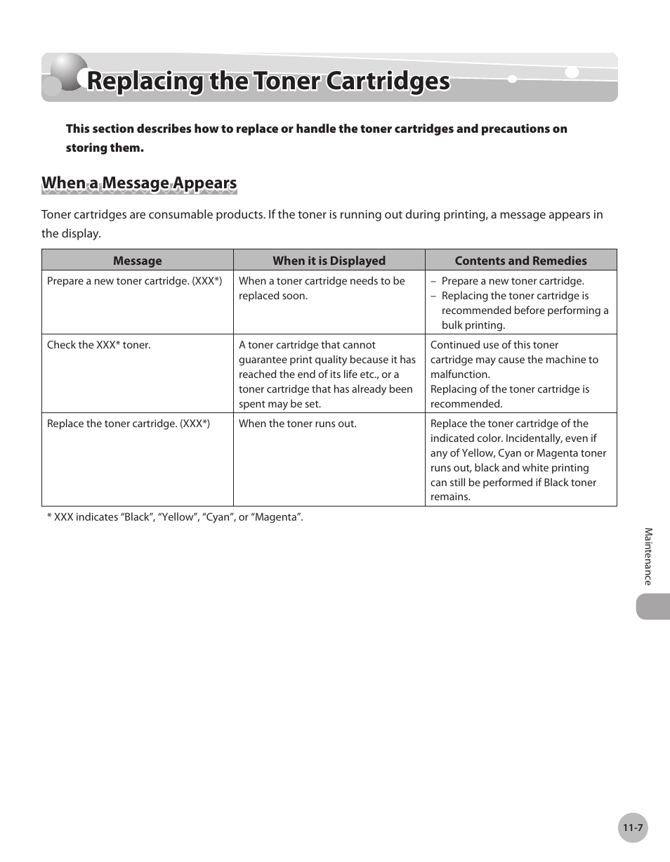 Replacing the toner cartridges, When a message appears, Replacng the toner cartrdges -7 | When a message appears -7, Replacing the toner cartridges -7 | Canon Color imageCLASS MF9280Cdn User Manual | Page 442 / 548