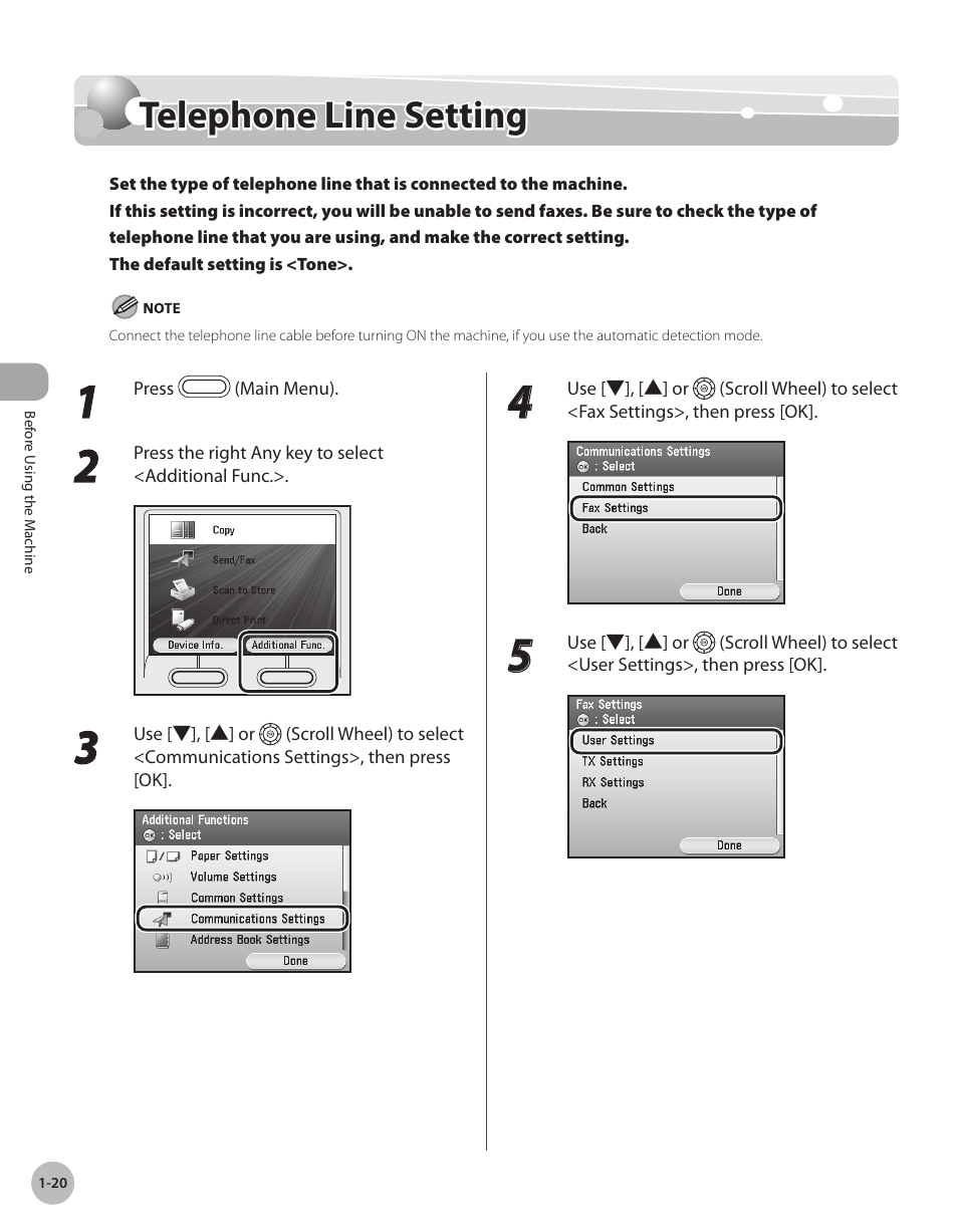 Telephone line setting, Telephone lne settng -20, Telephone line setting -20 | Canon Color imageCLASS MF9280Cdn User Manual | Page 45 / 548