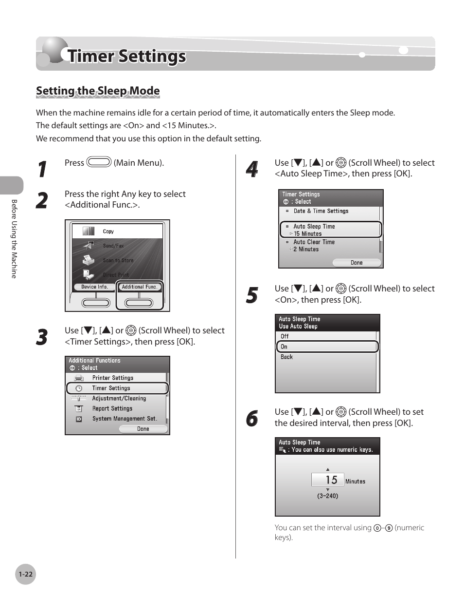 Timer settings, Setting the sleep mode, Tmer settngs -22 | Setting the sleep mode -22, Timer settings -22 | Canon Color imageCLASS MF9280Cdn User Manual | Page 47 / 548