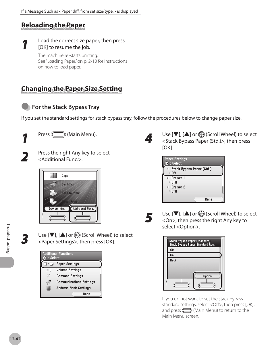 Reloading the paper, Changing the paper size setting, Tray. (see “reloading the paper,” on p. 12-42 | Canon Color imageCLASS MF9280Cdn User Manual | Page 497 / 548