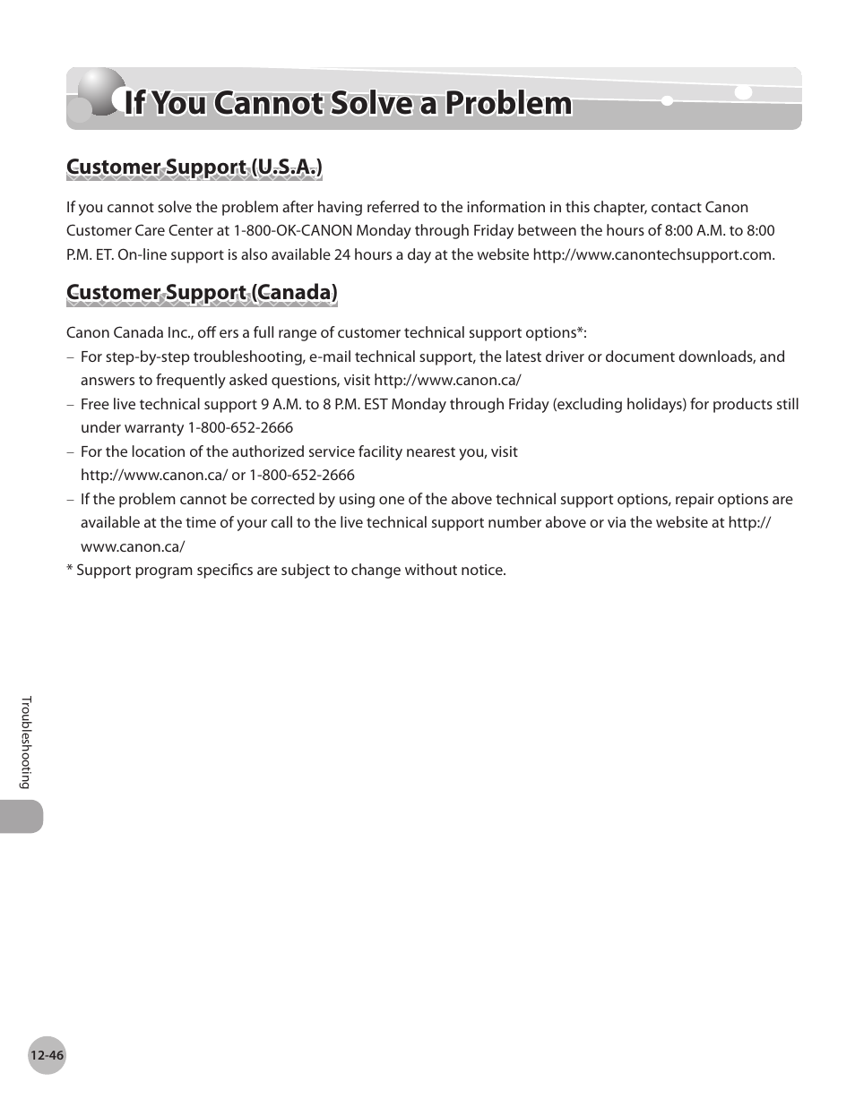 If you cannot solve a problem, Customer support (u.s.a.), Customer support (canada) | If you cannot solve a problem -46 | Canon Color imageCLASS MF9280Cdn User Manual | Page 501 / 548