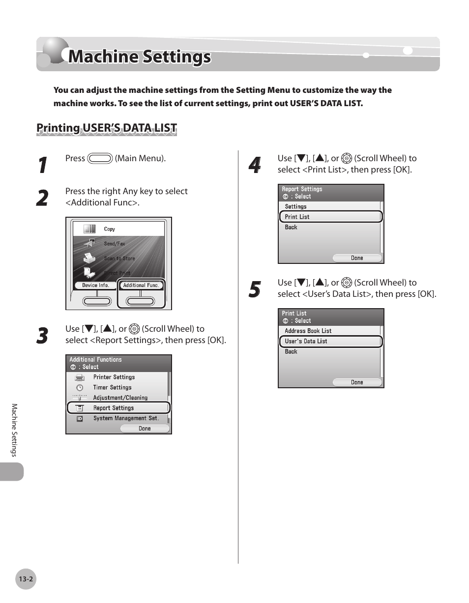 Machine settings, Printing user’s data list, Machne settngs -2 | Printing user’s data list -2, Ee “machine settings,” on p. 13-2, Machine settings -2 | Canon Color imageCLASS MF9280Cdn User Manual | Page 505 / 548