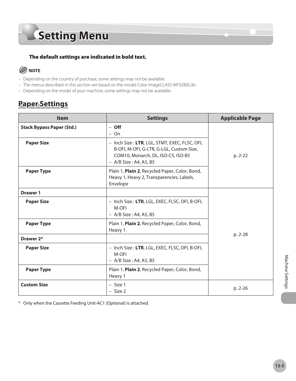 Setting menu, Paper settings, Settng menu -5 | Paper settings -5, Setting menu -5 | Canon Color imageCLASS MF9280Cdn User Manual | Page 508 / 548