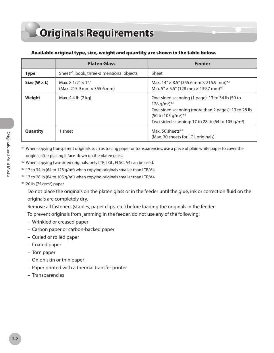 Originals requirements, Orgnals requrements -2, Originals requirements -2 | Canon Color imageCLASS MF9280Cdn User Manual | Page 55 / 548