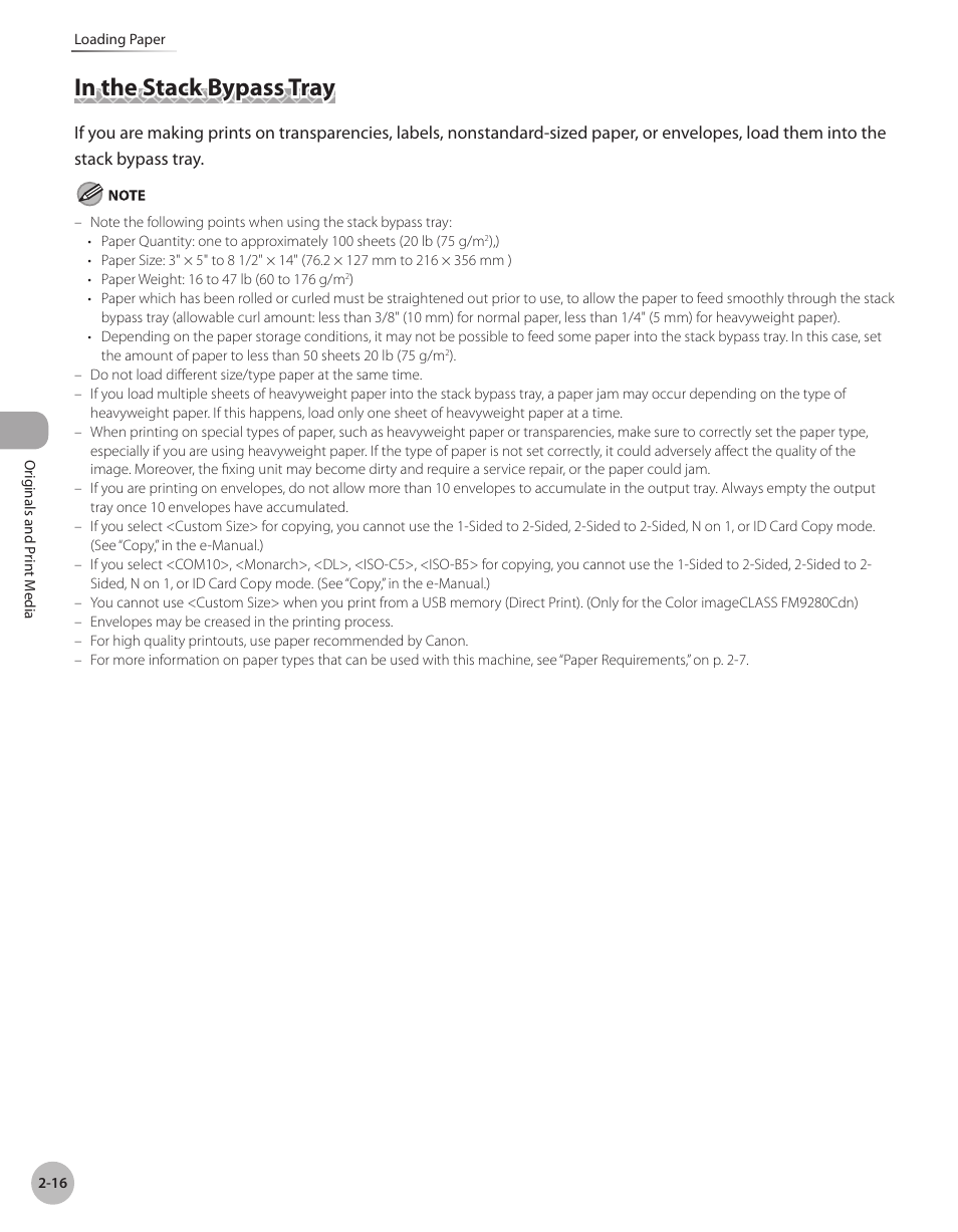 In the stack bypass tray, In the stack bypass tray -16 | Canon Color imageCLASS MF9280Cdn User Manual | Page 69 / 548